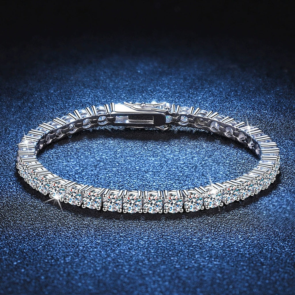 Moissanite Tennis Bracelet in White Gold-Plated S925 Sterling Silver blue display scene showing bracelet sparkle and chain detail