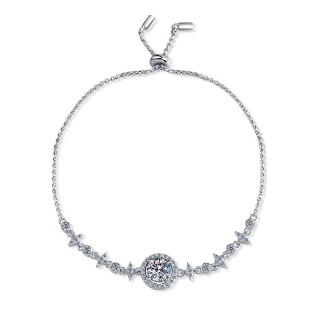 Moon and Star Moissanite Adjustable Bracelet with CZ in White Gold-Plated S925 Sterling Silver white background product photo
