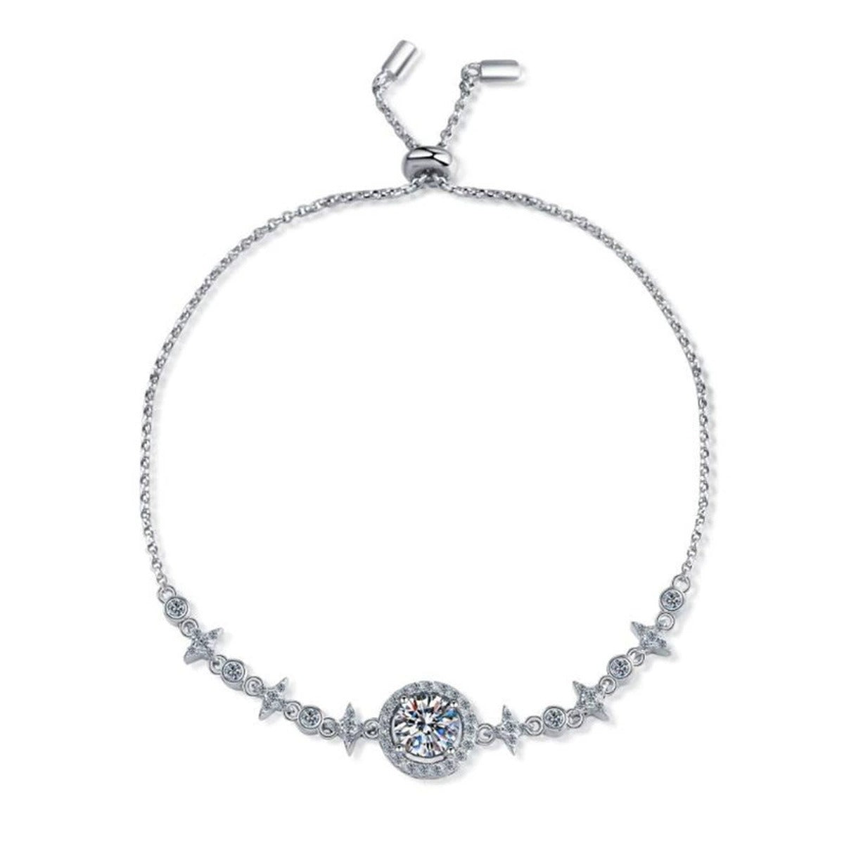 Moon and Star Moissanite Adjustable Bracelet with CZ in White Gold-Plated S925 Sterling Silver white background product photo