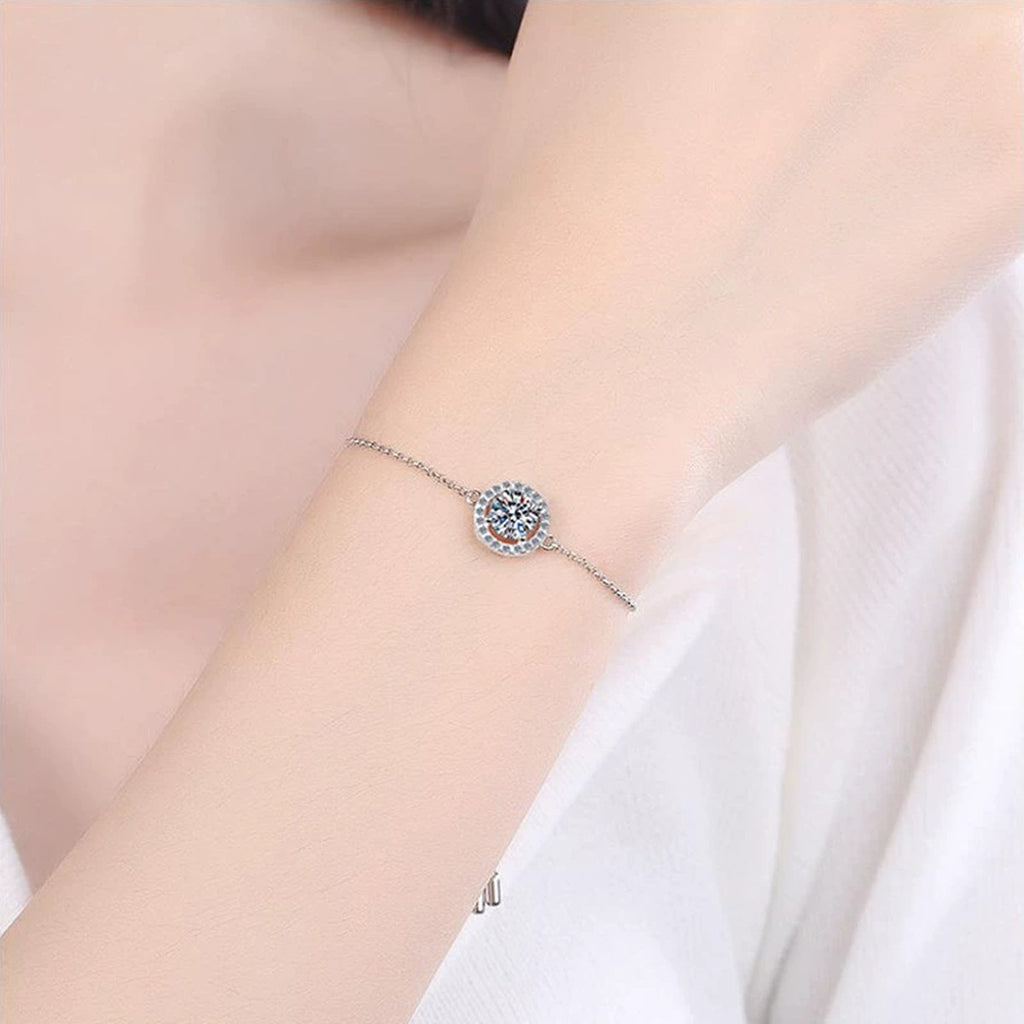Round Moissanite Adjustable Bracelet with CZ in White Gold-Plated S925 Sterling Silver worn on wrist model view showing scale and fit