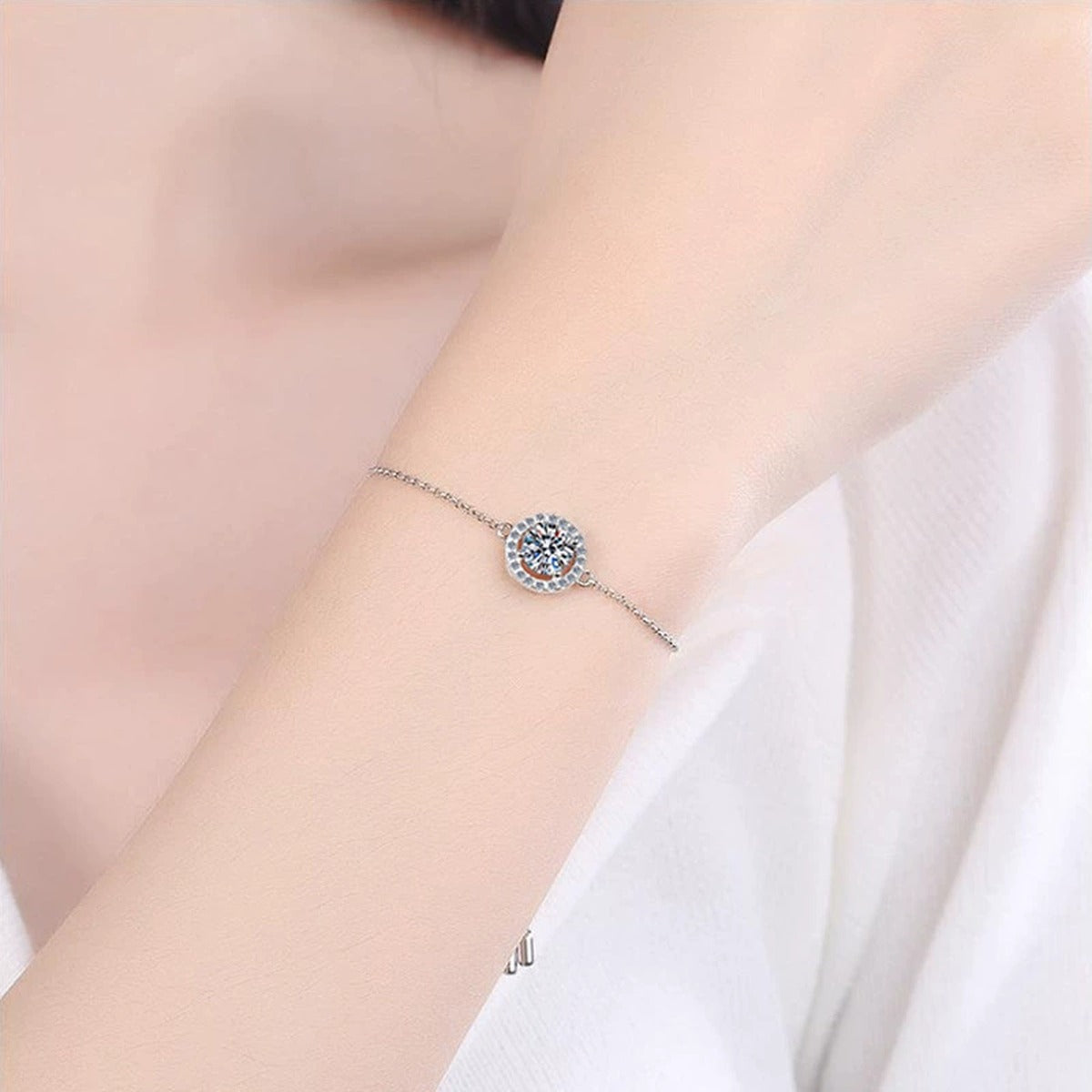 Round Moissanite Adjustable Bracelet with CZ in White Gold-Plated S925 Sterling Silver worn on wrist model view showing scale and fit