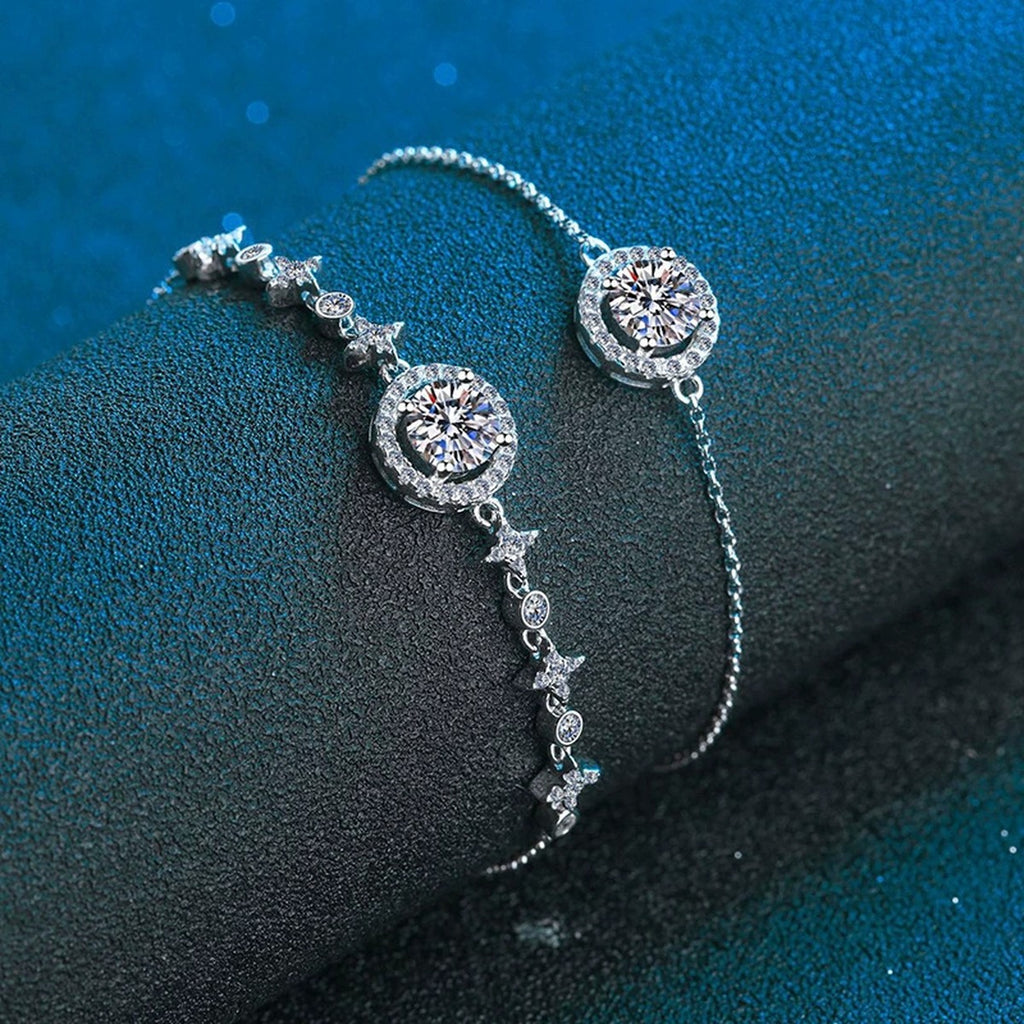 Moon and Star Moissanite Adjustable Bracelet with CZ in White Gold-Plated S925 Sterling Silver blue display scene showing bracelet sparkle and chain detail
