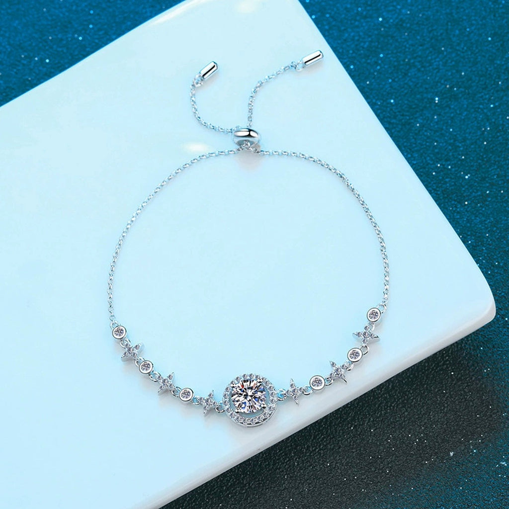Moon and Star Moissanite Adjustable Bracelet with CZ in White Gold-Plated S925 Sterling Silver blue display scene showing bracelet sparkle and chain detail