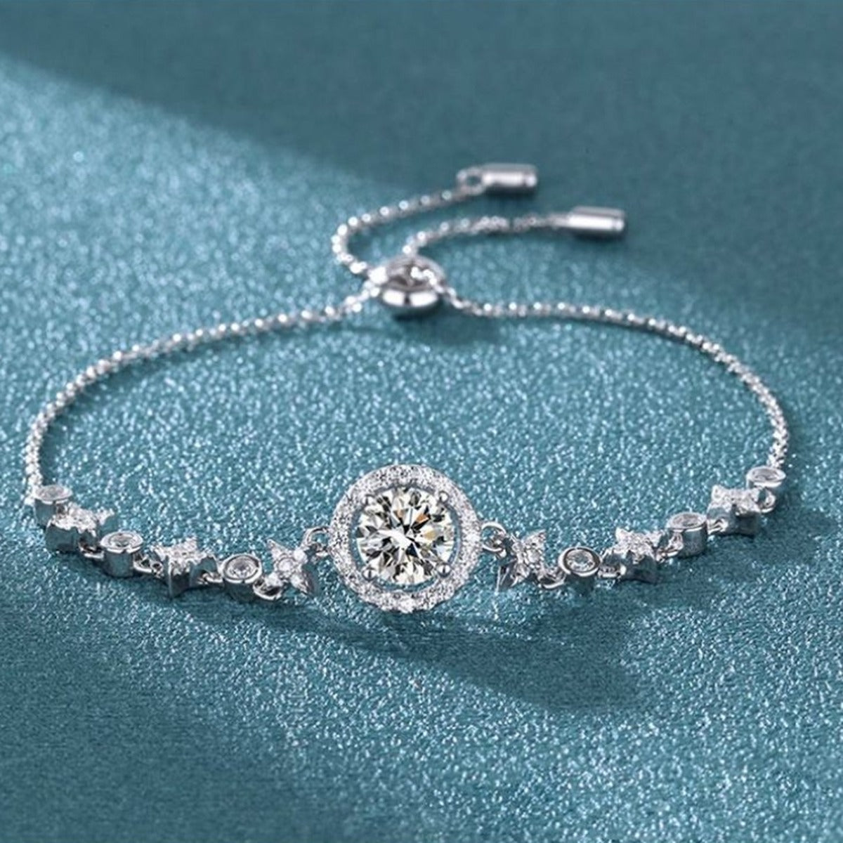 Moon and Star Moissanite Adjustable Bracelet with CZ in White Gold-Plated S925 Sterling Silver blue display scene showing bracelet sparkle and chain detail
