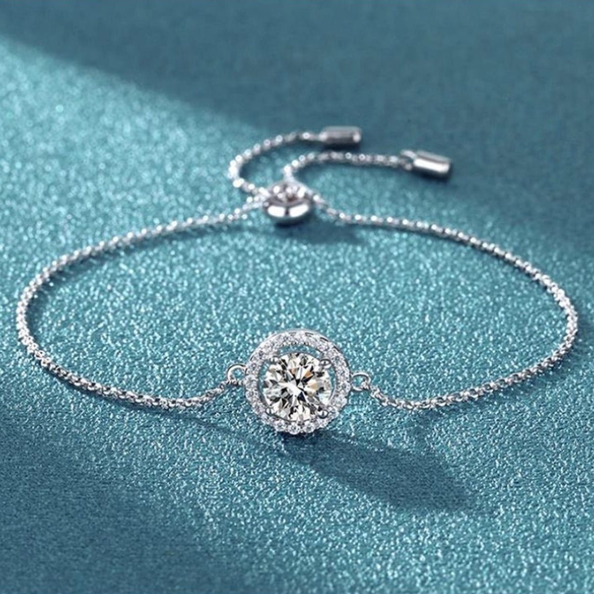 Moon and Star Moissanite Adjustable Bracelet with CZ in White Gold-Plated S925 Sterling Silver blue display scene showing bracelet sparkle and chain detail