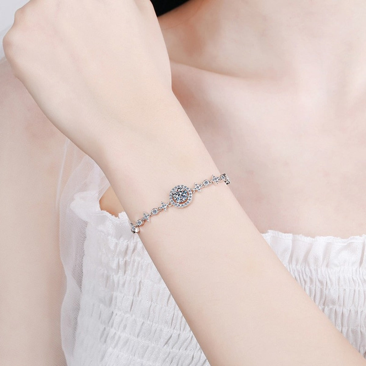 Moon and Star Moissanite Adjustable Bracelet with CZ in White Gold-Plated S925 Sterling Silver worn on wrist model view showing scale and fit