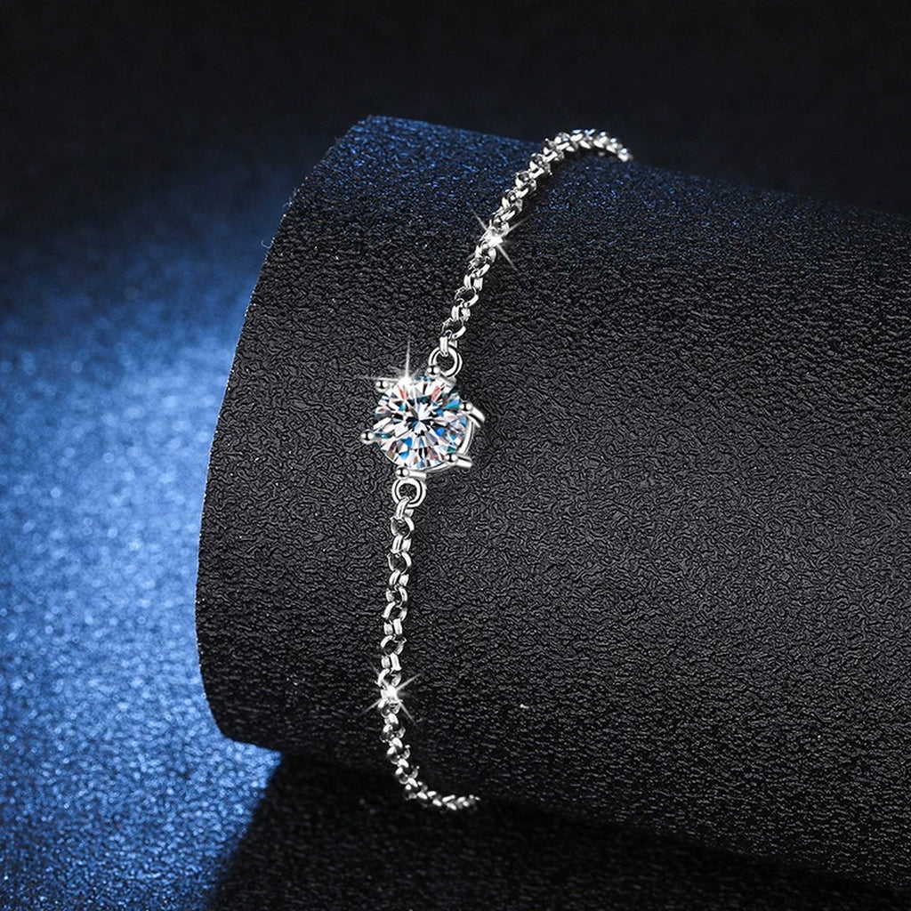 Starburst Moissanite Chain Bracelet in White Gold-Plated S925 Sterling Silver blue display scene showing bracelet sparkle and chain detail