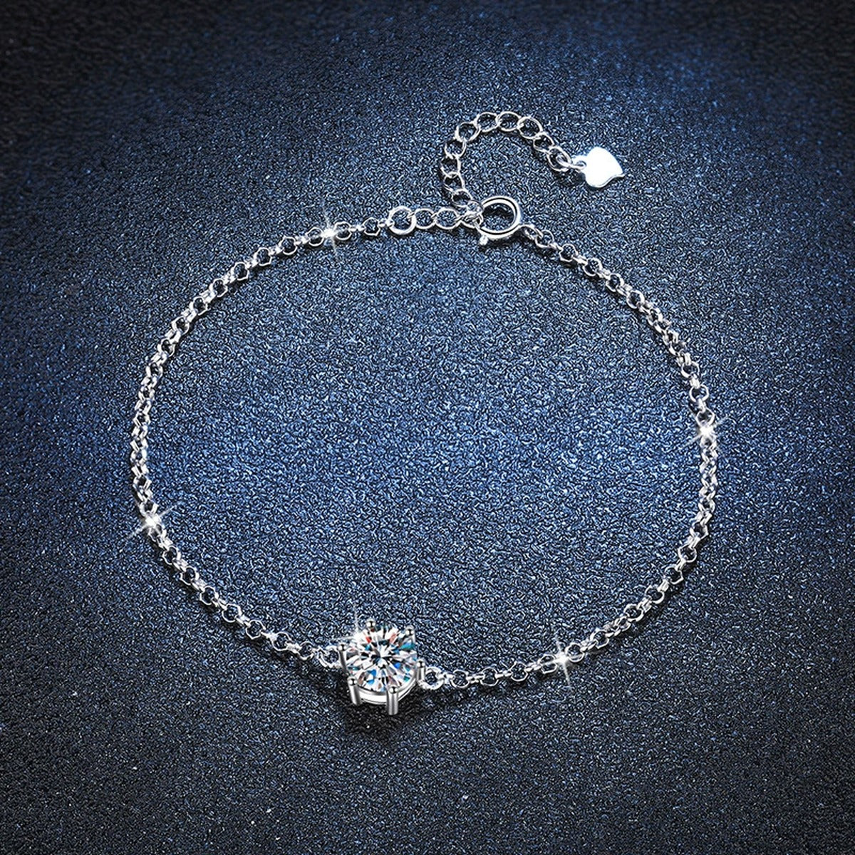 Starburst Moissanite Chain Bracelet in White Gold-Plated S925 Sterling Silver blue display scene showing bracelet sparkle and chain detail