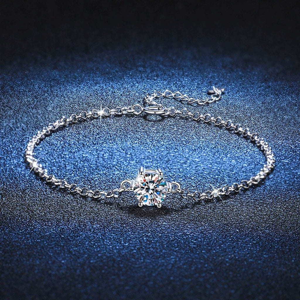 Starburst Moissanite Chain Bracelet in White Gold-Plated S925 Sterling Silver blue display scene showing bracelet sparkle and chain detail
