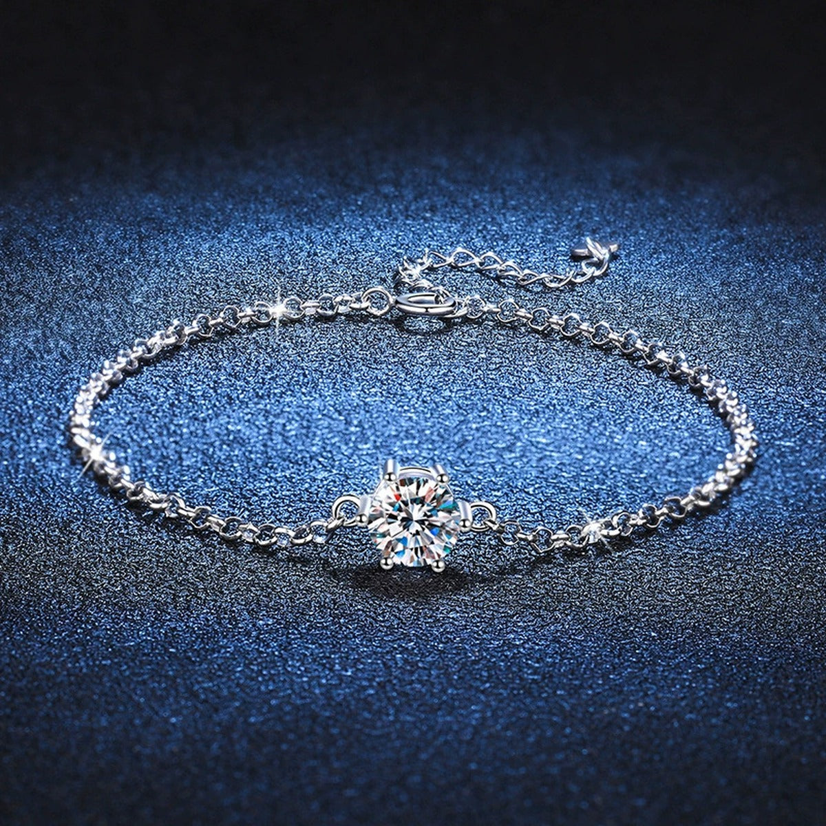 Starburst Moissanite Chain Bracelet in White Gold-Plated S925 Sterling Silver blue display scene showing bracelet sparkle and chain detail
