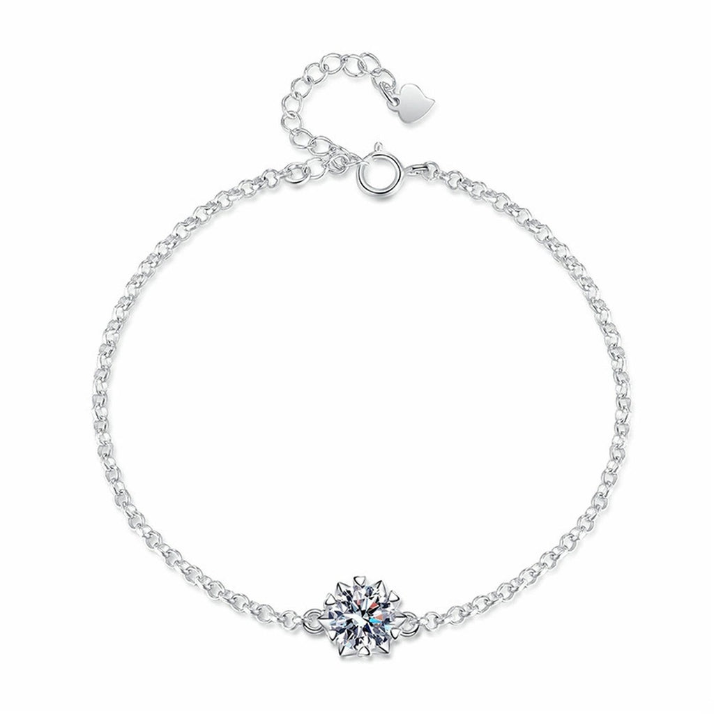 Round Halo Moissanite Chain Bracelet with CZ in White Gold-Plated S925 Sterling Silver white background product photo