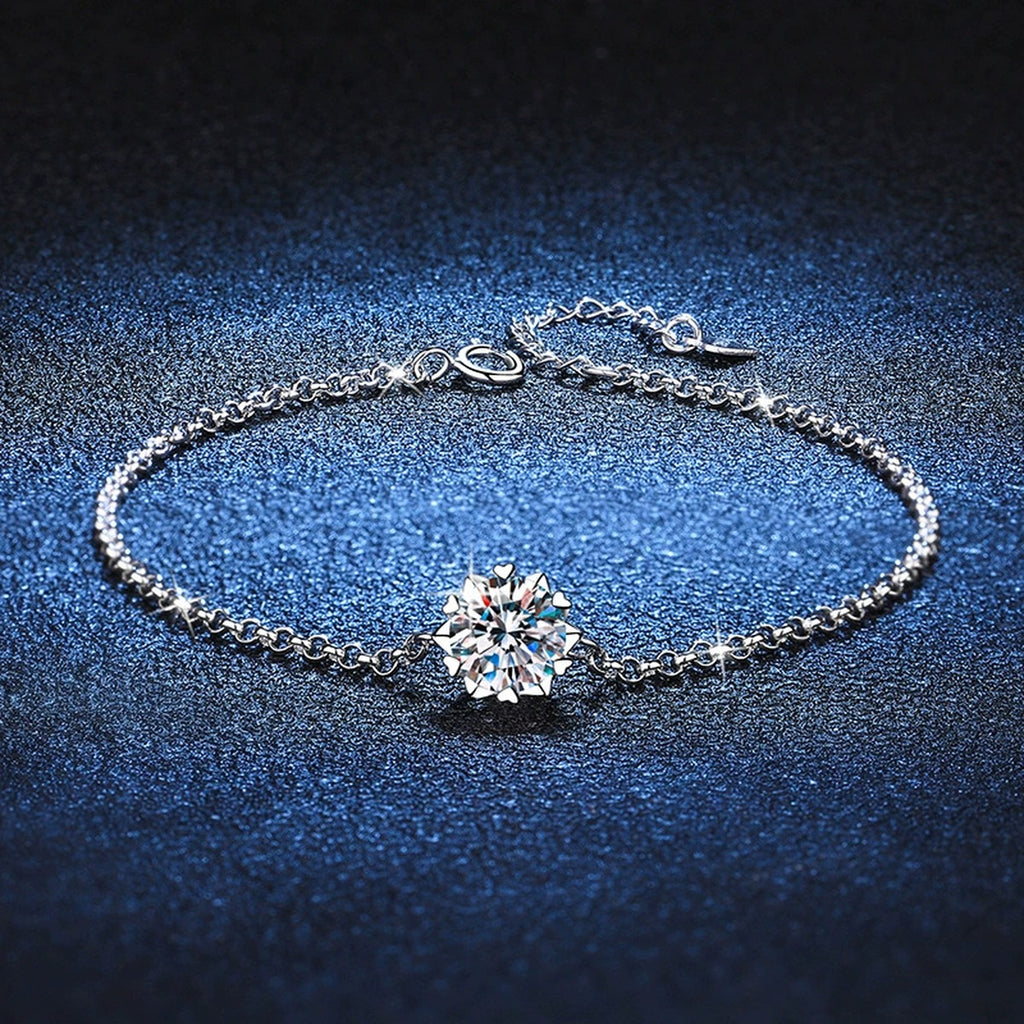 Round Halo Moissanite Chain Bracelet with CZ in White Gold-Plated S925 Sterling Silver blue display scene showing bracelet sparkle and chain detail