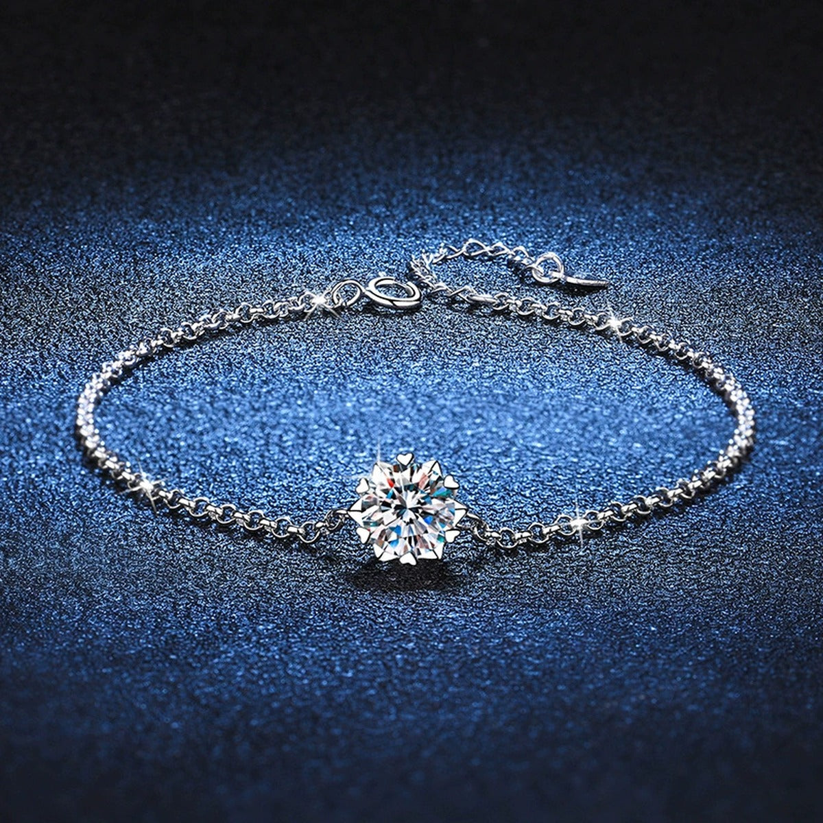 Round Halo Moissanite Chain Bracelet with CZ in White Gold-Plated S925 Sterling Silver blue display scene showing bracelet sparkle and chain detail