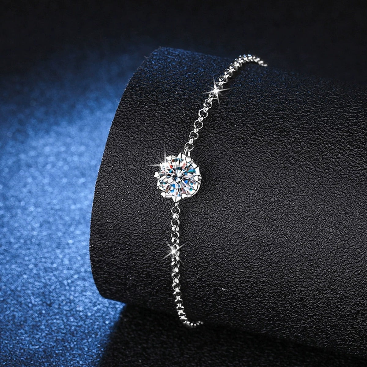 Round Halo Moissanite Chain Bracelet with CZ in White Gold-Plated S925 Sterling Silver blue display scene showing bracelet sparkle and chain detail