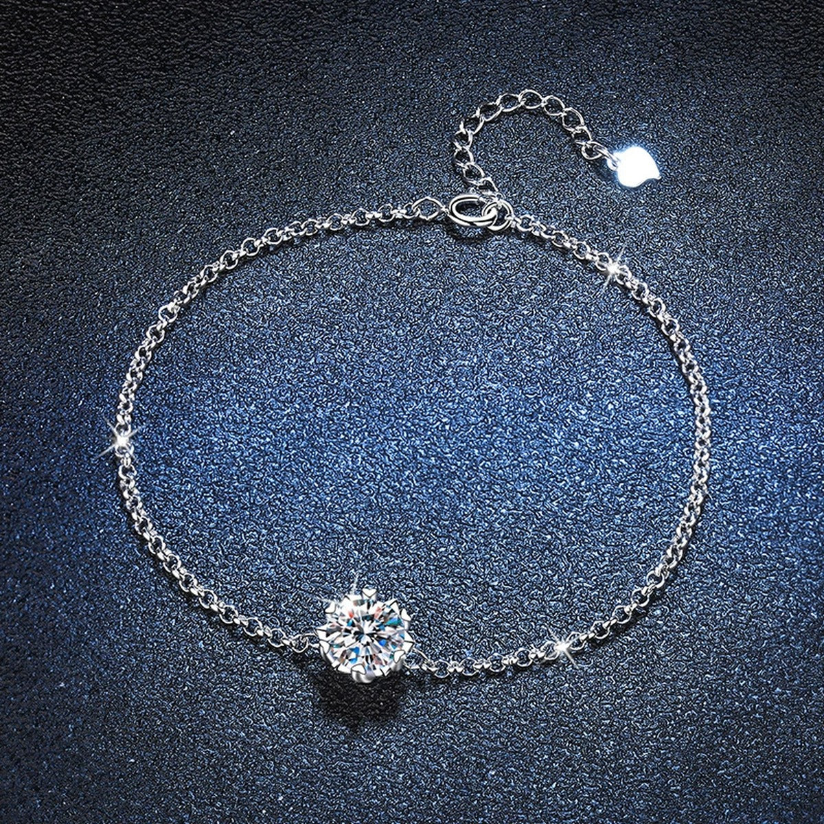 Round Halo Moissanite Chain Bracelet with CZ in White Gold-Plated S925 Sterling Silver blue display scene showing bracelet sparkle and chain detail