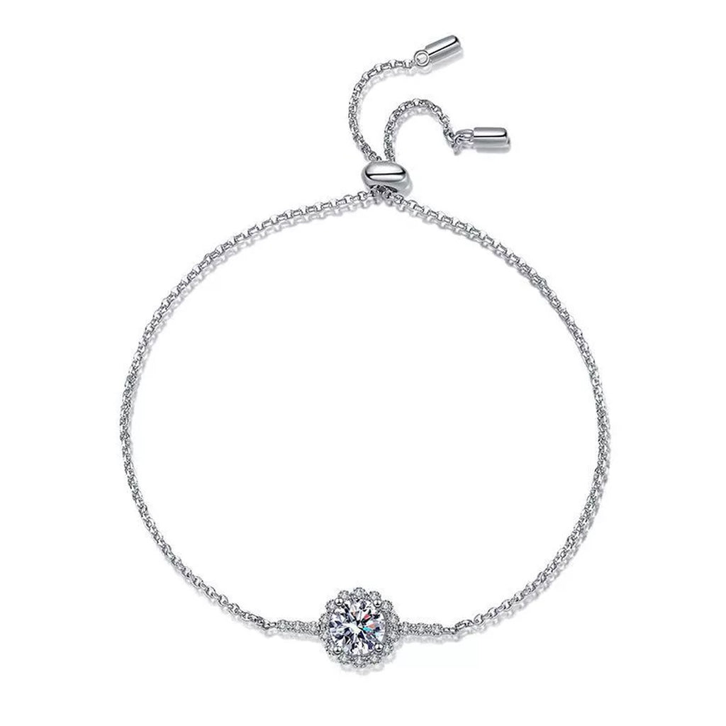 Round Halo Moissanite Adjustable Chain Bracelet with CZ in White Gold-Plated S925 Sterling Silver white background product photo