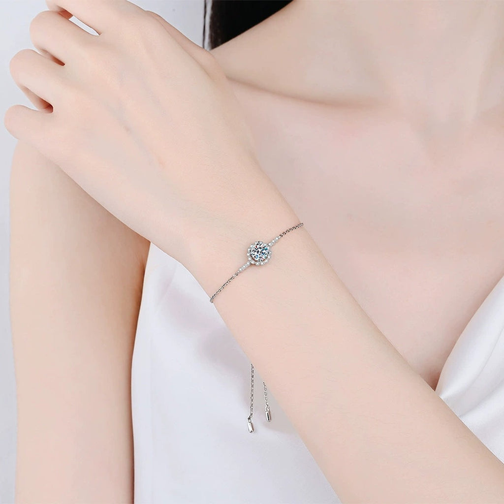 Round Halo Moissanite Adjustable Chain Bracelet with CZ in White Gold-Plated S925 Sterling Silver worn on wrist model view showing scale and fit