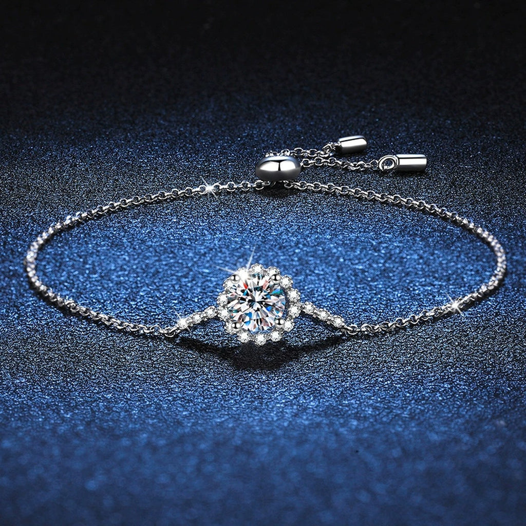 Round Halo Moissanite Adjustable Chain Bracelet with CZ in White Gold-Plated S925 Sterling Silver blue display scene showing bracelet sparkle and chain detail
