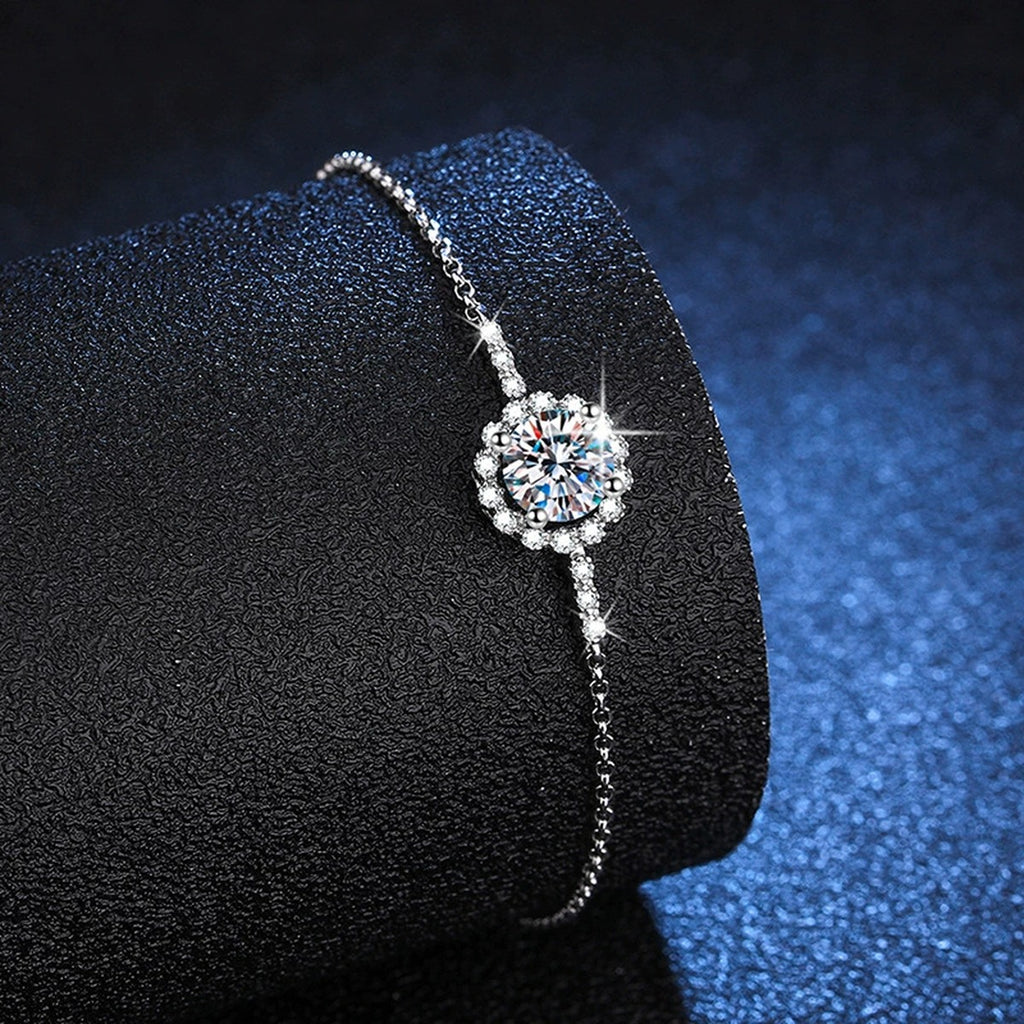 Round Halo Moissanite Adjustable Chain Bracelet with CZ in White Gold-Plated S925 Sterling Silver blue display scene showing bracelet sparkle and chain detail