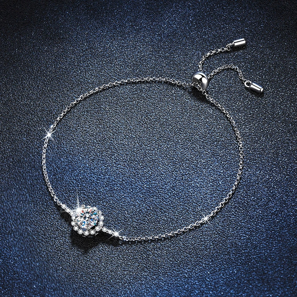 Round Halo Moissanite Adjustable Chain Bracelet with CZ in White Gold-Plated S925 Sterling Silver blue display scene showing bracelet sparkle and chain detail