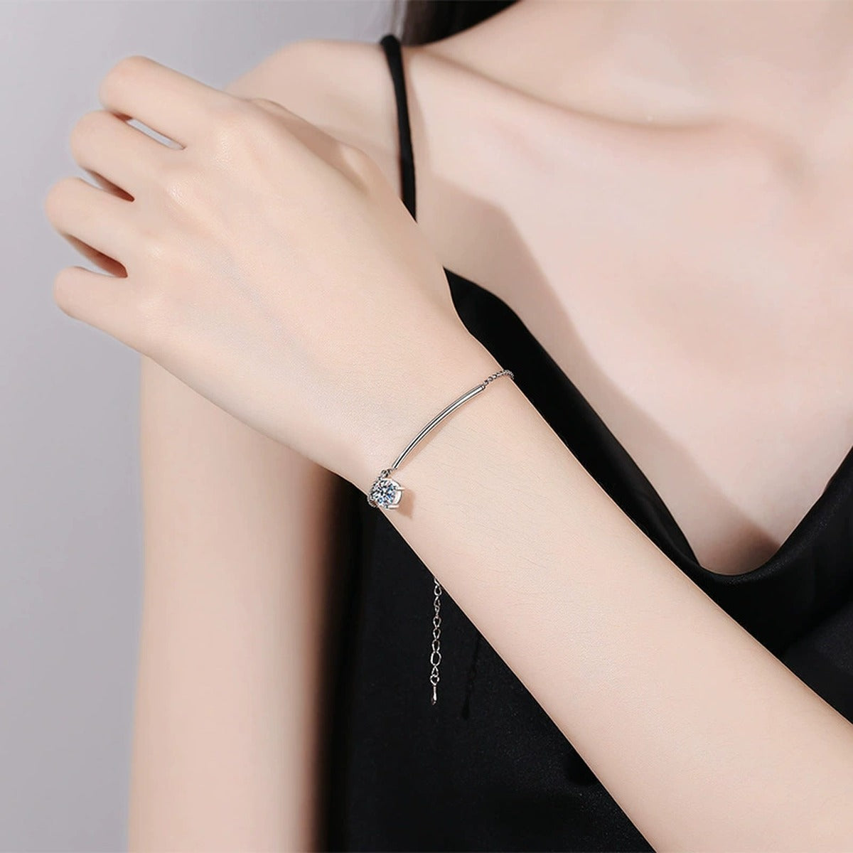 Moissanite Chain Bracelet and Anklet in White Gold-Plated S925 Sterling Silver worn on wrist model view showing scale and fit