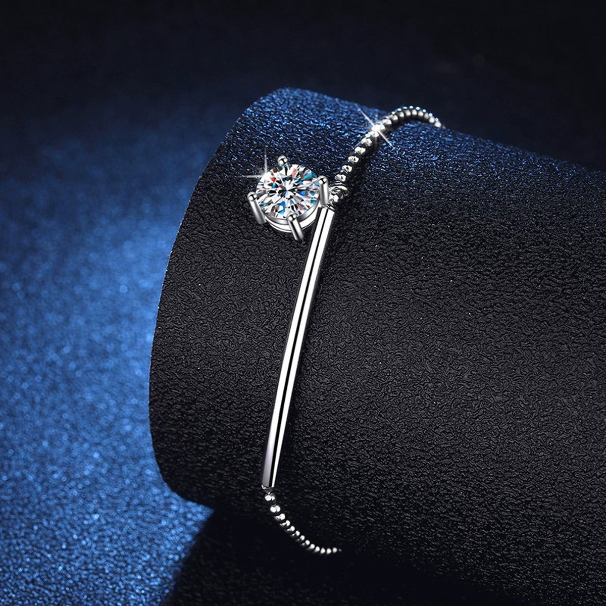 Moissanite Chain Bracelet and Anklet in White Gold-Plated S925 Sterling Silver blue display scene showing bracelet sparkle and chain detail