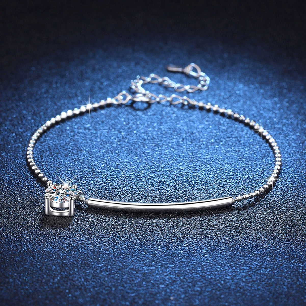 Moissanite Chain Bracelet and Anklet in White Gold-Plated S925 Sterling Silver blue display scene showing bracelet sparkle and chain detail