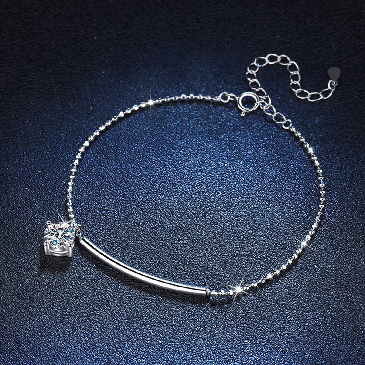 Moissanite Chain Bracelet and Anklet in White Gold-Plated S925 Sterling Silver blue display scene showing bracelet sparkle and chain detail