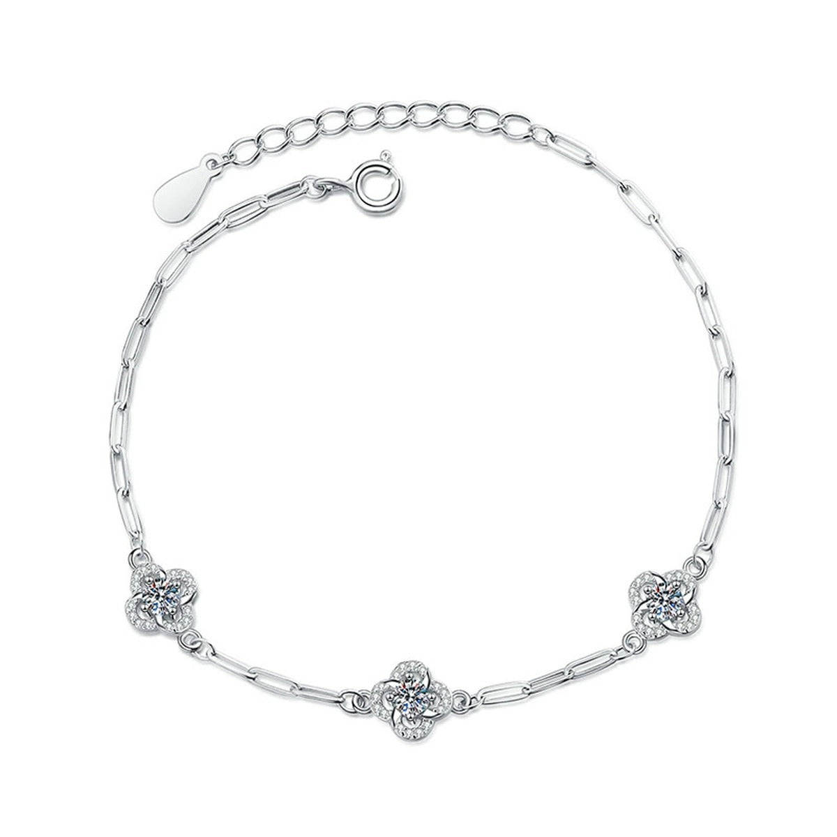 Round Moissanite Chain Bracelet with CZ in White Gold-Plated S925 Sterling Silver white background product photo