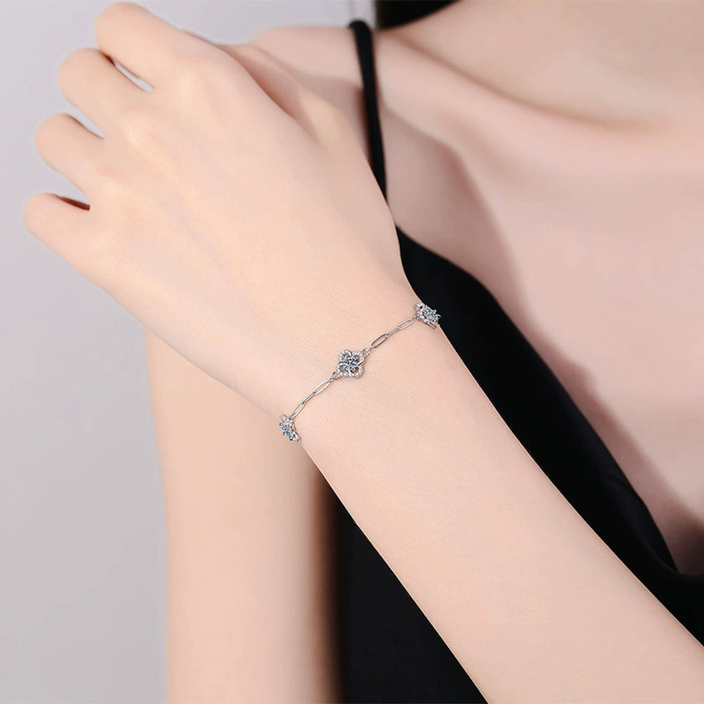 Round Moissanite Chain Bracelet with CZ in White Gold-Plated S925 Sterling Silver worn on wrist model view showing scale and fit