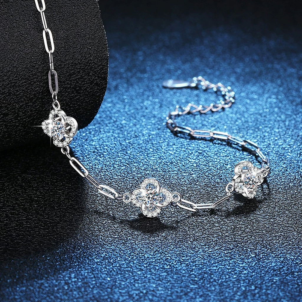 Round Moissanite Chain Bracelet with CZ in White Gold-Plated S925 Sterling Silver blue display scene showing bracelet sparkle and chain detail