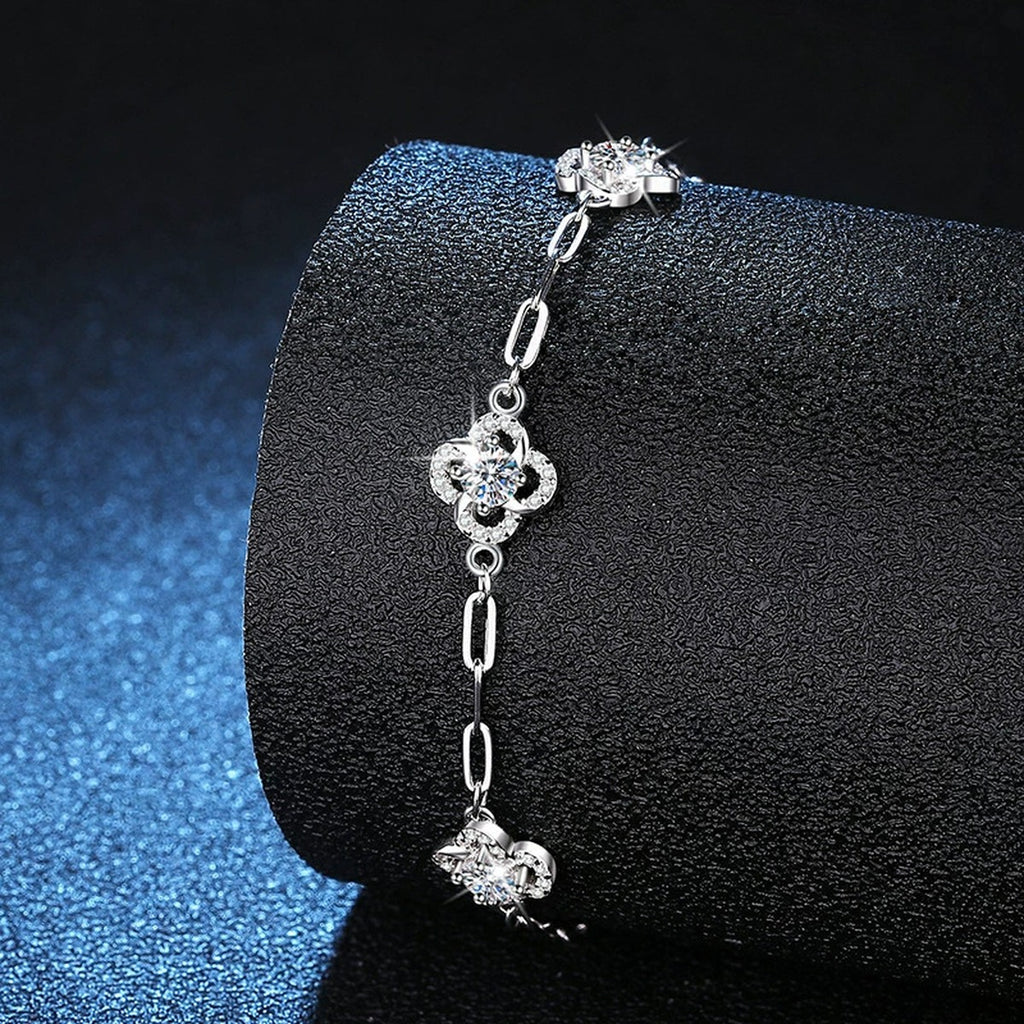 Round Moissanite Chain Bracelet with CZ in White Gold-Plated S925 Sterling Silver blue display scene showing bracelet sparkle and chain detail