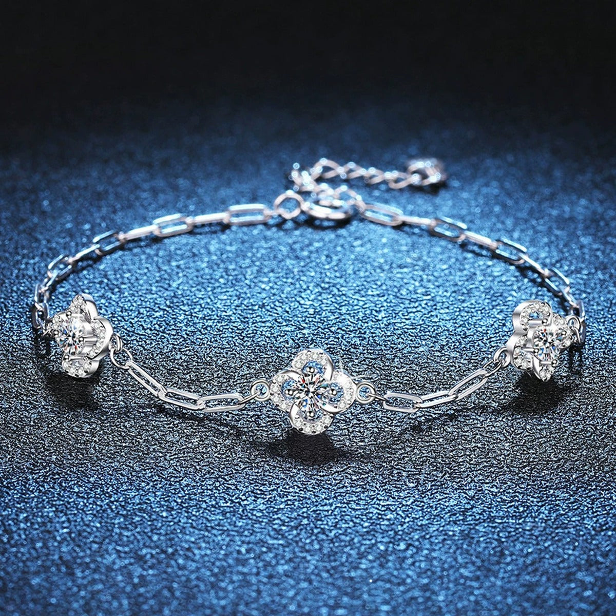 Round Moissanite Chain Bracelet with CZ in White Gold-Plated S925 Sterling Silver blue display scene showing bracelet sparkle and chain detail