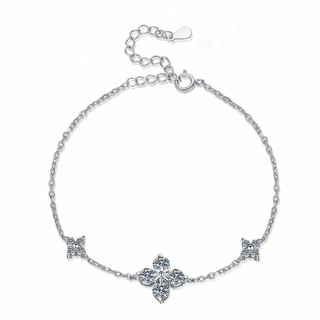 Floral Moissanite Chain Bracelet with CZ in White Gold-Plated S925 Sterling Silver white background product photo