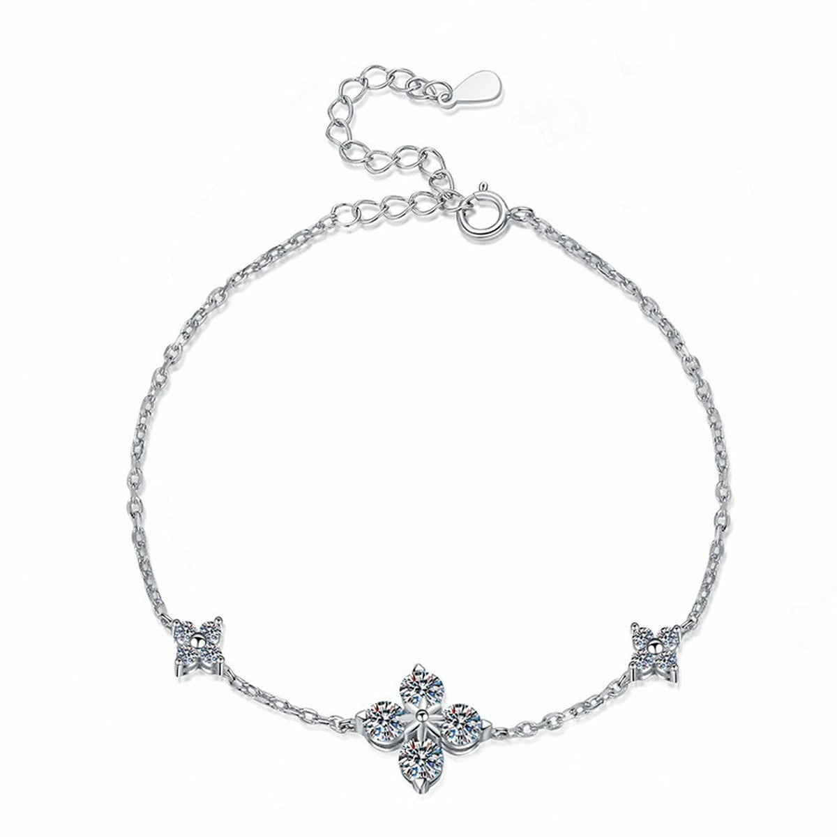 Floral Moissanite Chain Bracelet with CZ in White Gold-Plated S925 Sterling Silver white background product photo