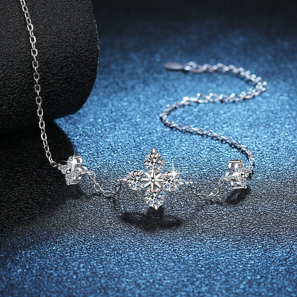 Floral Moissanite Chain Bracelet with CZ in White Gold-Plated S925 Sterling Silver blue display scene showing bracelet sparkle and chain detail