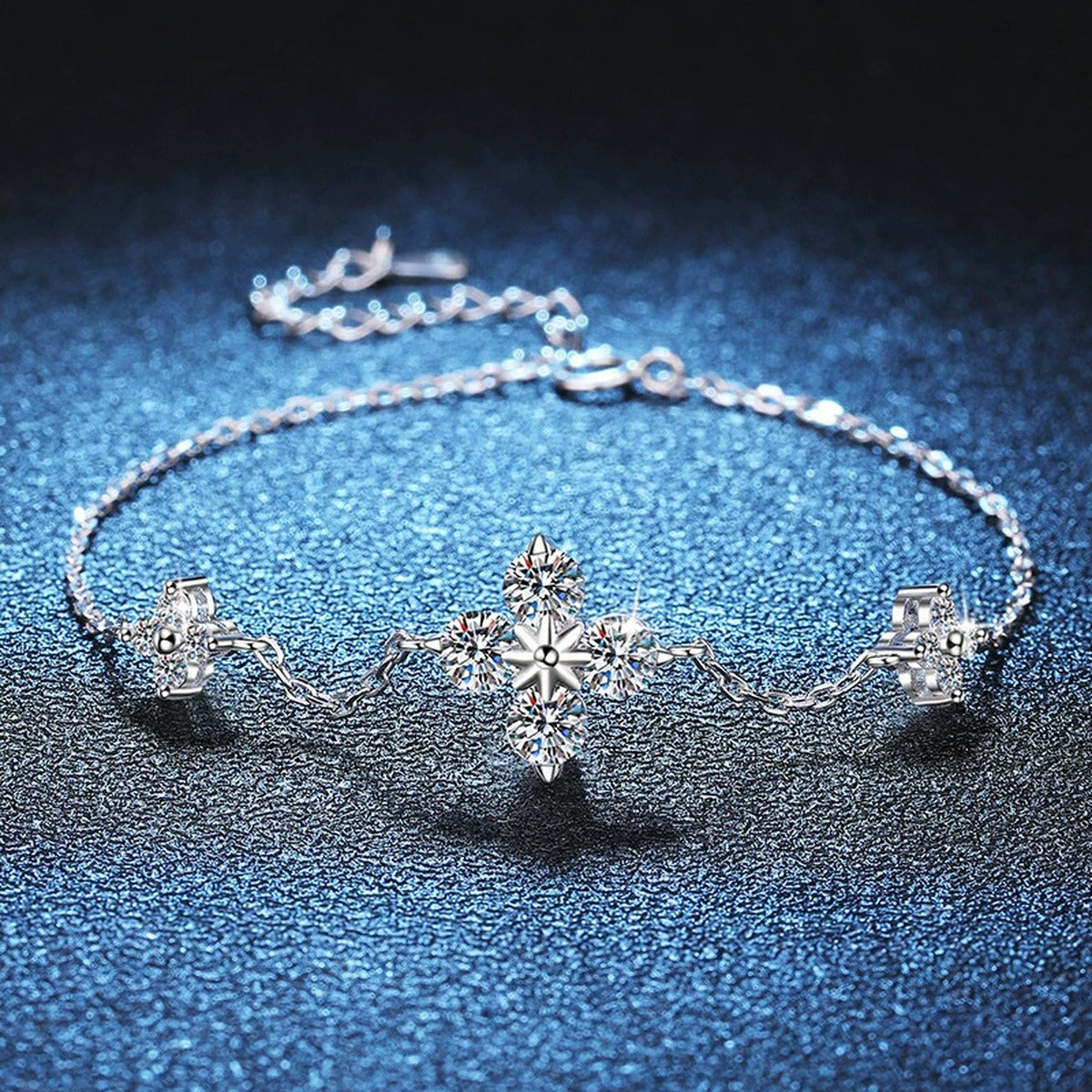 Floral Moissanite Chain Bracelet with CZ in White Gold-Plated S925 Sterling Silver blue display scene showing bracelet sparkle and chain detail