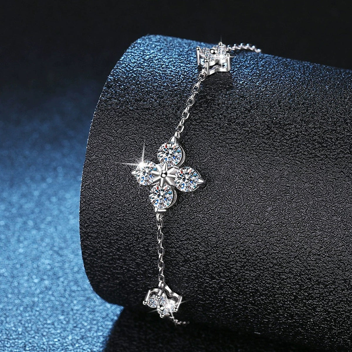 Floral Moissanite Chain Bracelet with CZ in White Gold-Plated S925 Sterling Silver blue display scene showing bracelet sparkle and chain detail