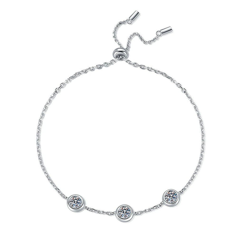 Three-Stone Moissanite Adjustable Chain Bracelet in White Gold-Plated S925 Sterling Silver white background product photo