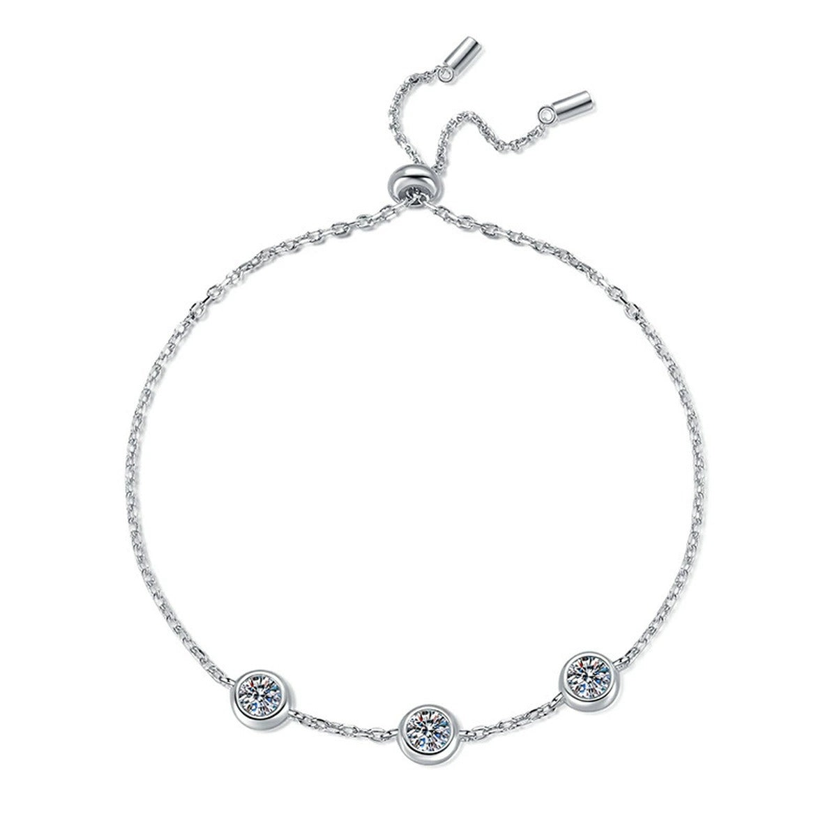 Three-Stone Moissanite Adjustable Chain Bracelet in White Gold-Plated S925 Sterling Silver white background product photo