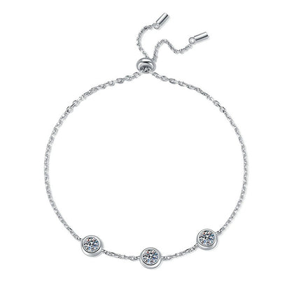 Three-Stone Moissanite Adjustable Chain Bracelet in White Gold-Plated S925 Sterling Silver white background product photo