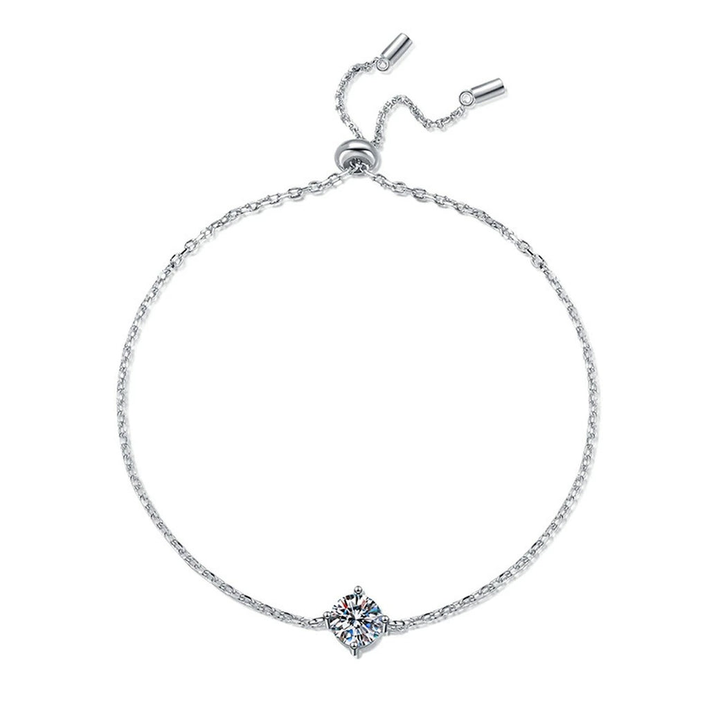 Round Moissanite Adjustable Chain Bracelet in White Gold-Plated S925 Sterling Silver white background product photo