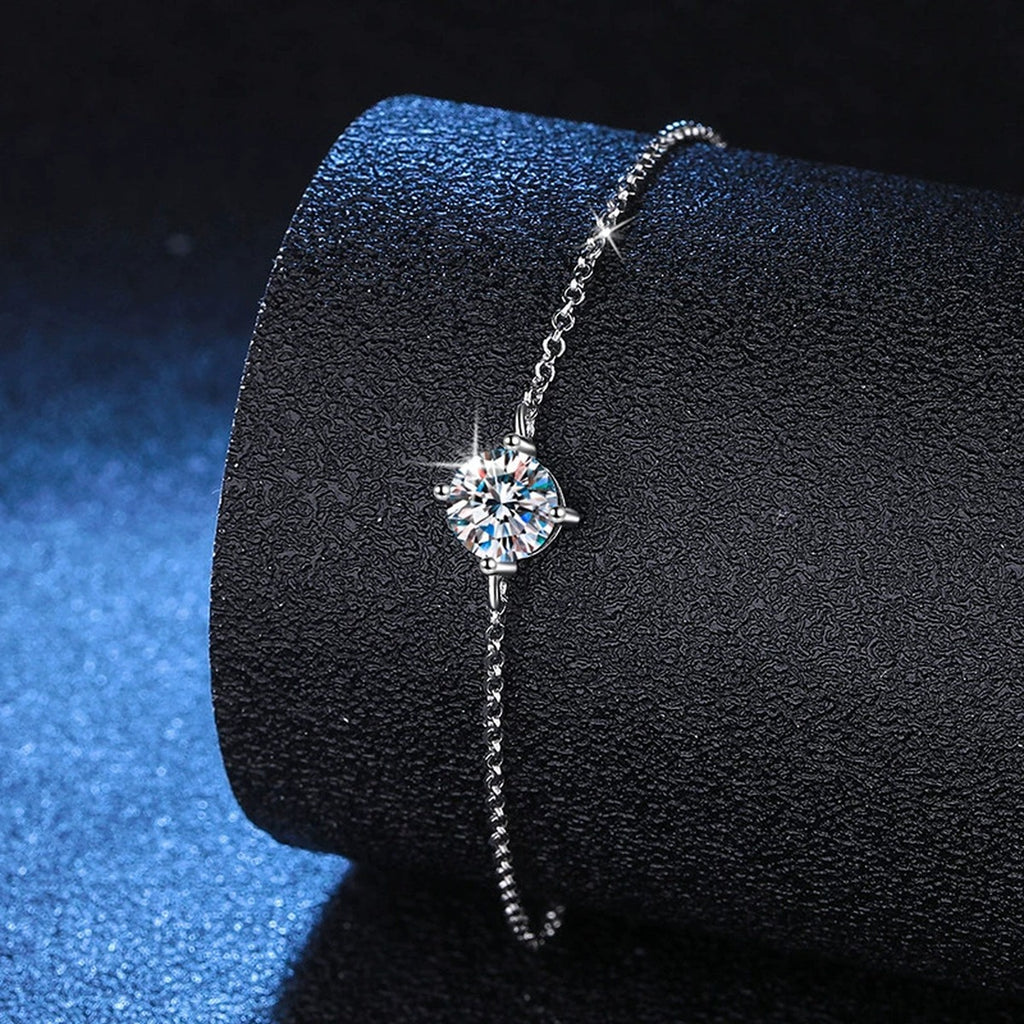 Round Moissanite Adjustable Chain Bracelet in White Gold-Plated S925 Sterling Silver blue display scene showing bracelet sparkle and chain detail