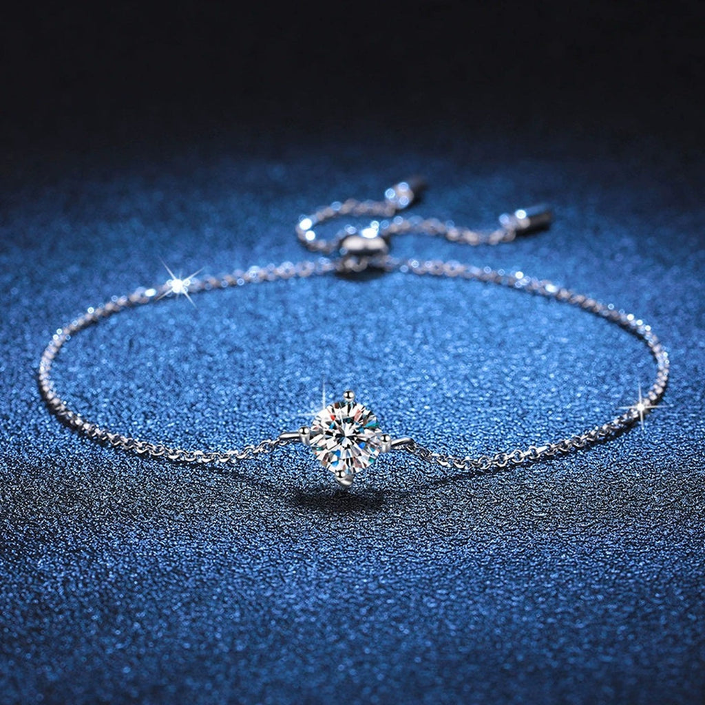 Round Moissanite Adjustable Chain Bracelet in White Gold-Plated S925 Sterling Silver blue display scene showing bracelet sparkle and chain detail