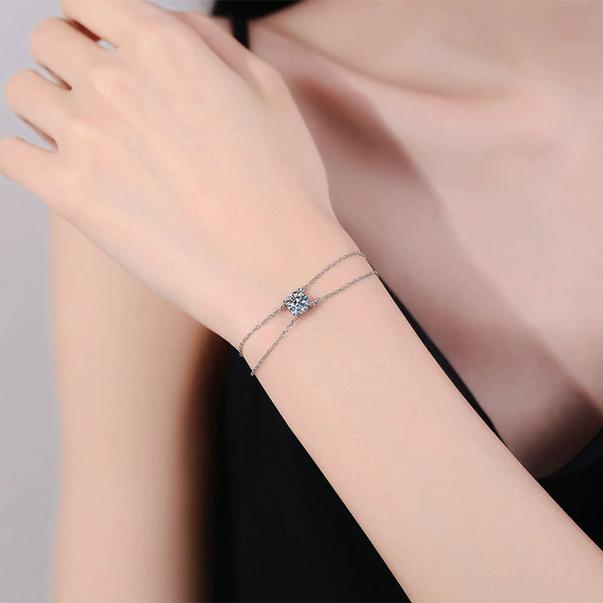 Kite Moissanite Chain Bracelet in White Gold-Plated S925 Sterling Silver worn on wrist model view showing scale and fit