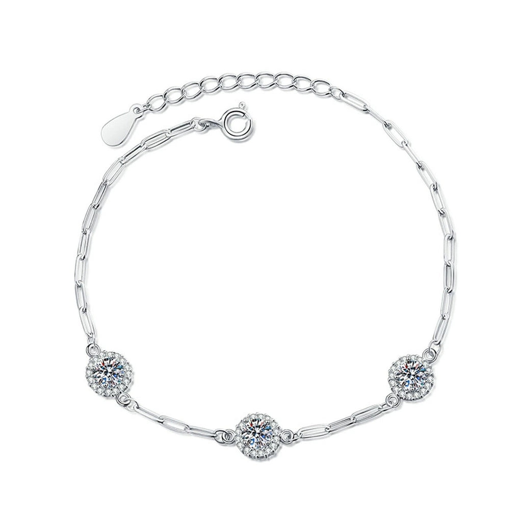 Three-Stone Round Moissanite Chain Bracelet with CZ in White Gold-Plated S925 Sterling Silver white background product photo