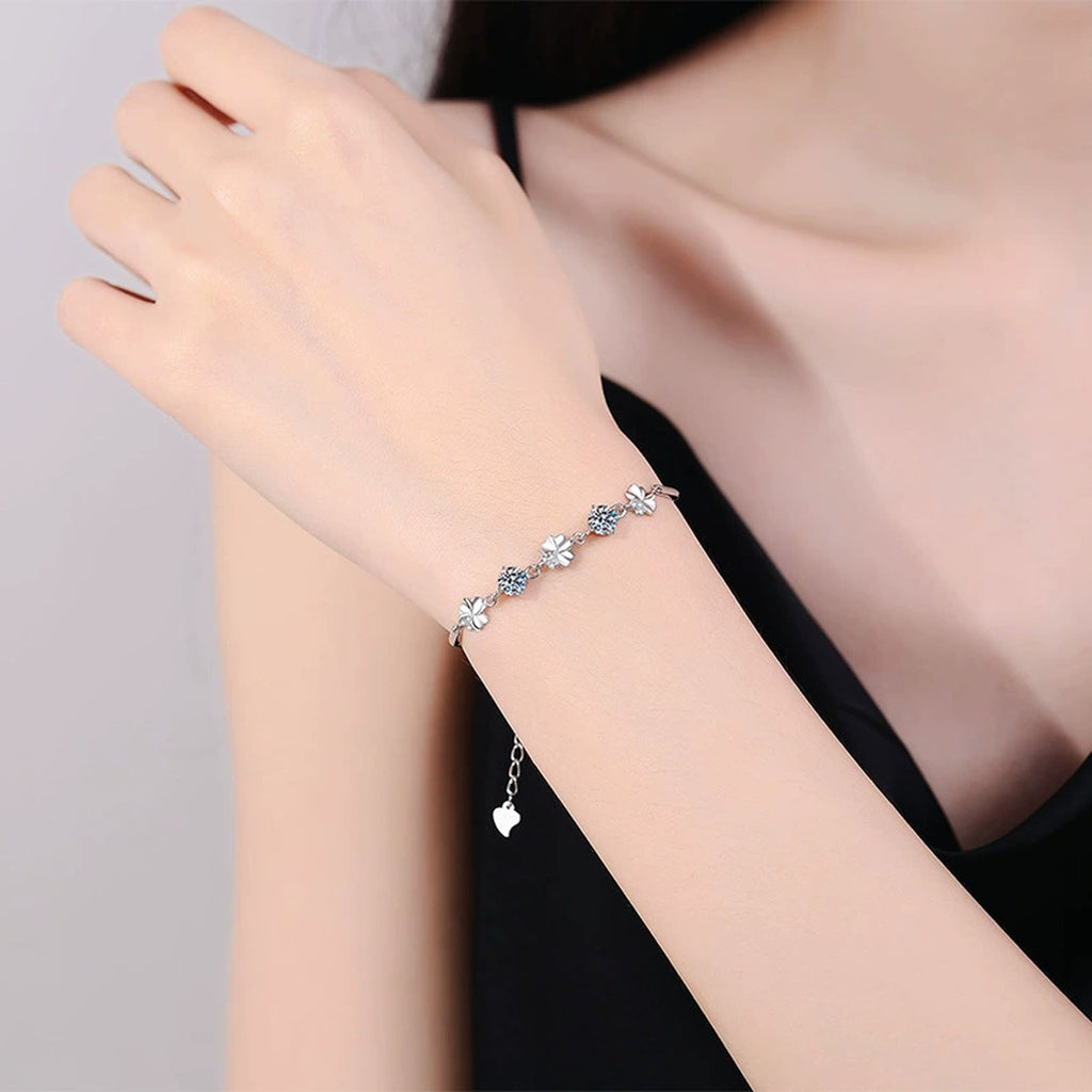 Graduated Moissanite Chain Bracelet with CZ in White Gold-Plated S925 Sterling Silver worn on wrist model view showing scale and fit