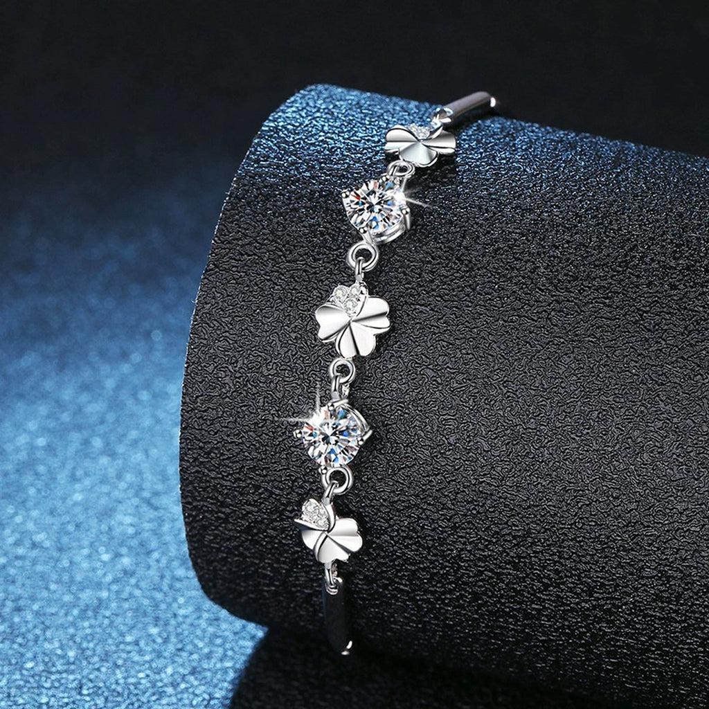Graduated Moissanite Chain Bracelet with CZ in White Gold-Plated S925 Sterling Silver blue display scene showing bracelet sparkle and chain detail