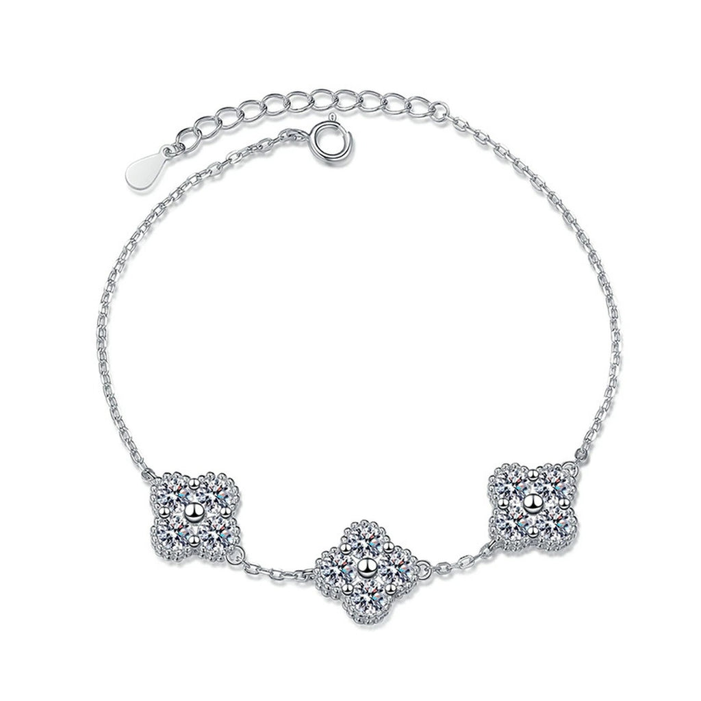 Three-Stone Cushion Moissanite Chain Bracelet in White Gold-Plated S925 Sterling Silver white background product photo