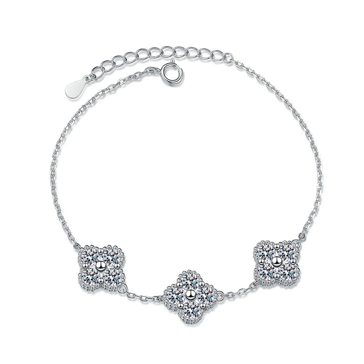 Three-Stone Cushion Moissanite Chain Bracelet in White Gold-Plated S925 Sterling Silver white background product photo